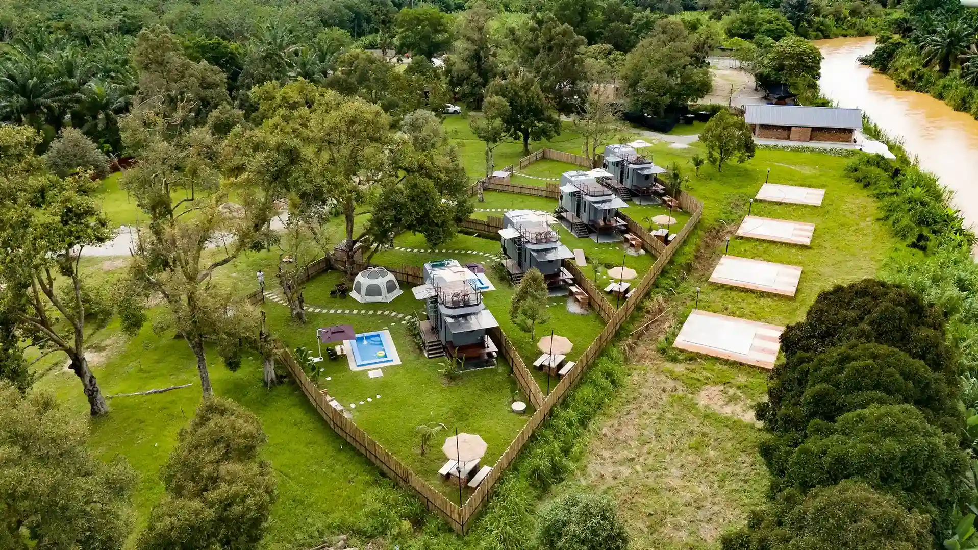 Aerial view of Cybertruck stay zone at Suka Camping